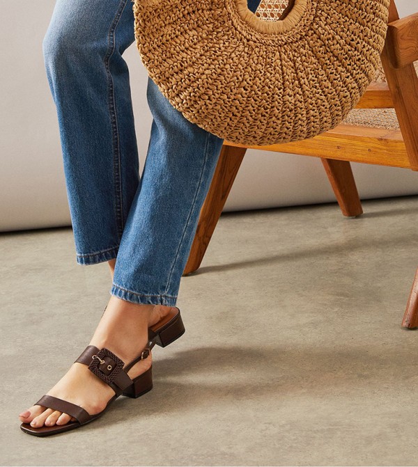 Raelynn Faux Leather Raffia Buckle Block Heel Slingback Sandals