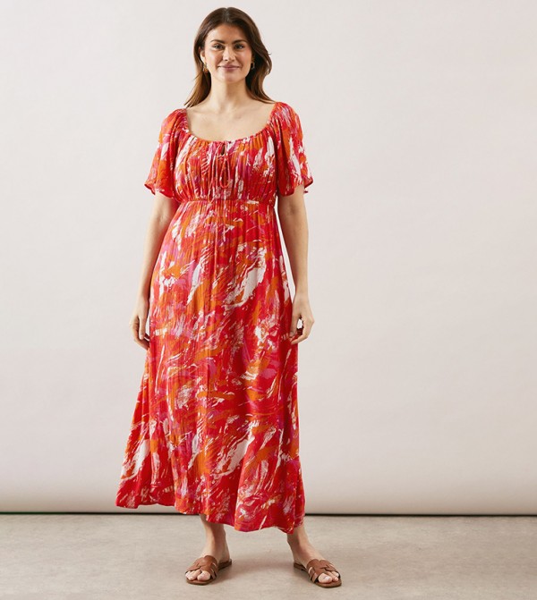 Abstract Crinkle Viscose Tie Front Midaxi Dress