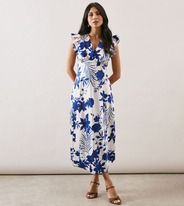 Floral Print Bias Cut Satin V-Neck Dress