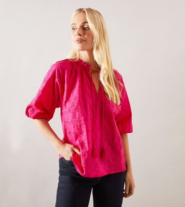 Petite Broderie Tie Neck Short Sleeves Top