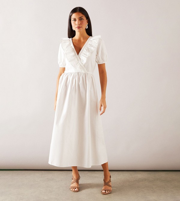 Petite Solid Ruffle Wrap Midi Dress