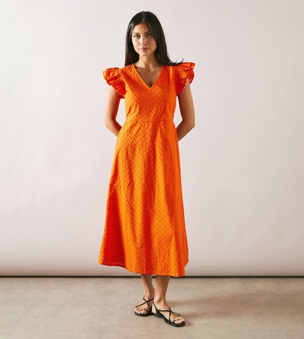 Broderie Frill Sleeves Midi Dress