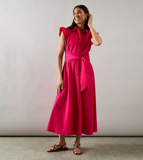 Cotton Tie Front Shirt Dress