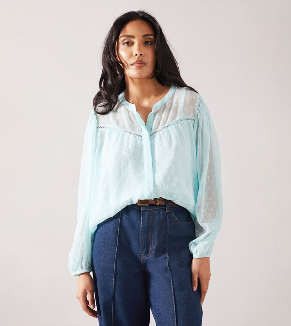 Petite Dobby Button Collarless Top