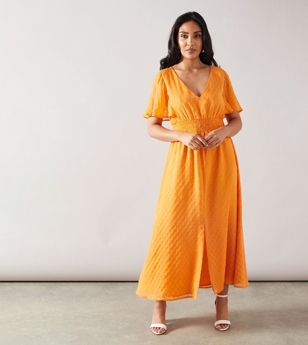 Petite Dobby Shirred Waist Midi Dress