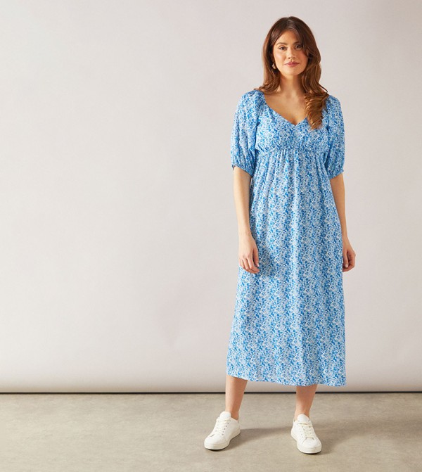 Floral Puff Sleeves Midi Dress