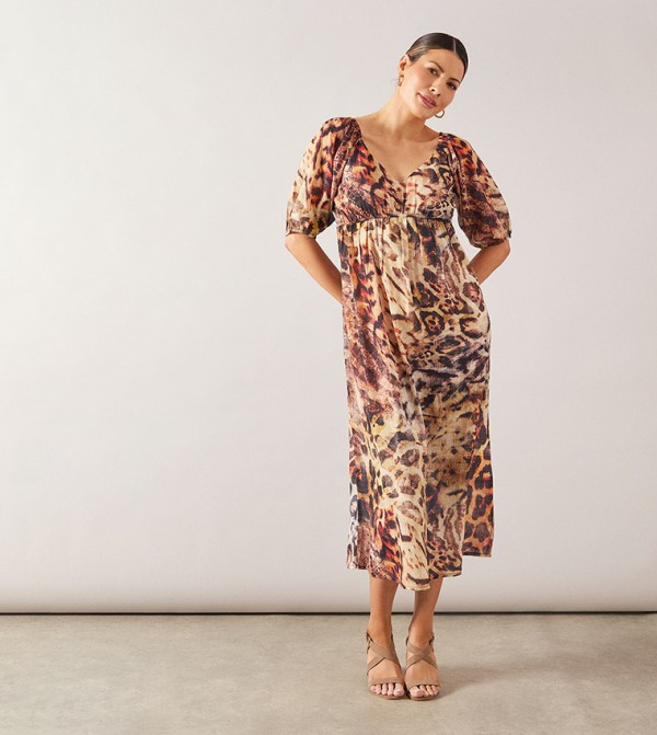 Animal Print Puff Sleeves Midi Dress