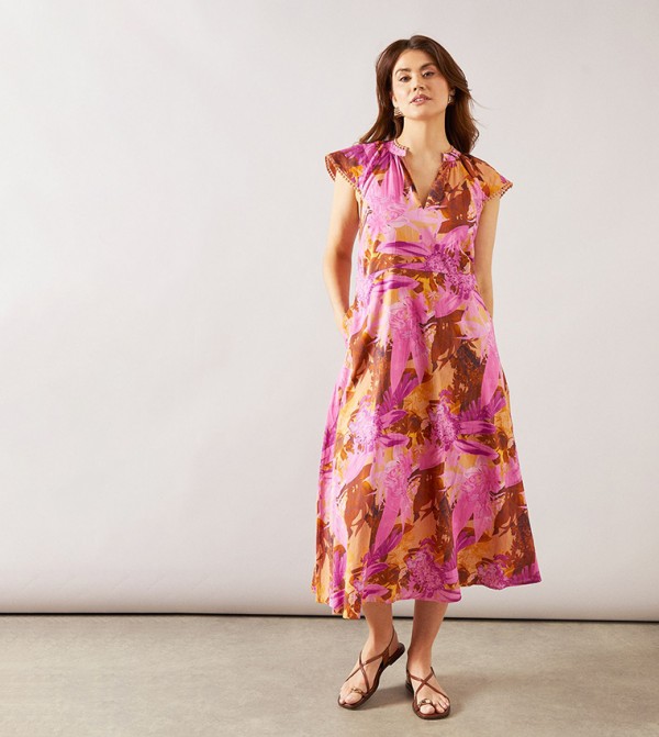 Tropical V-Neck Frill Sleeves Midi Dress