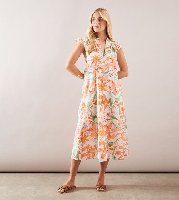 Petite Floral V-Neck Cap Sleeves Midi Dress
