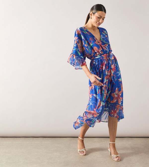 Floral Print Drop Hem Frill Midi Dress