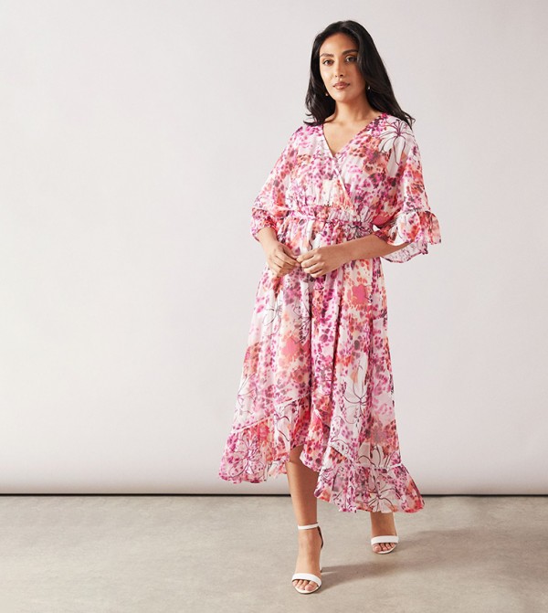 Petite Floral Print Drop Hem Frill Midi Dress