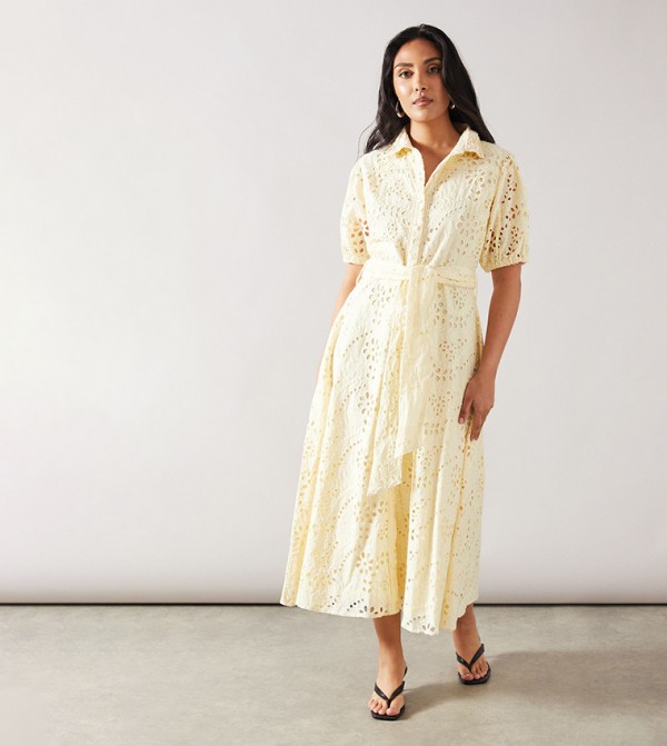 Petite Broderie Tie Waist Shirt Dress