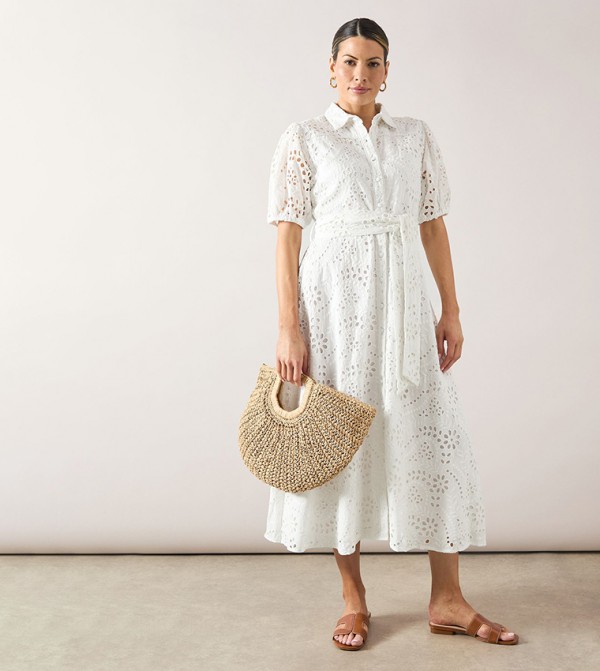 Broderie Tie Waist Shirt Dress