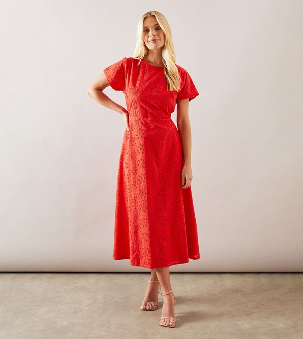 Petite Broderie Cap Sleeves Midi Dress