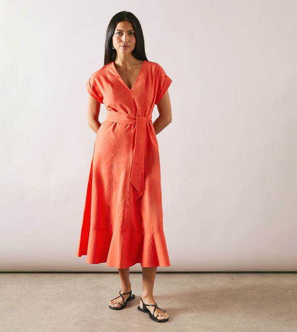 Linen Mix Belted Midi Dress