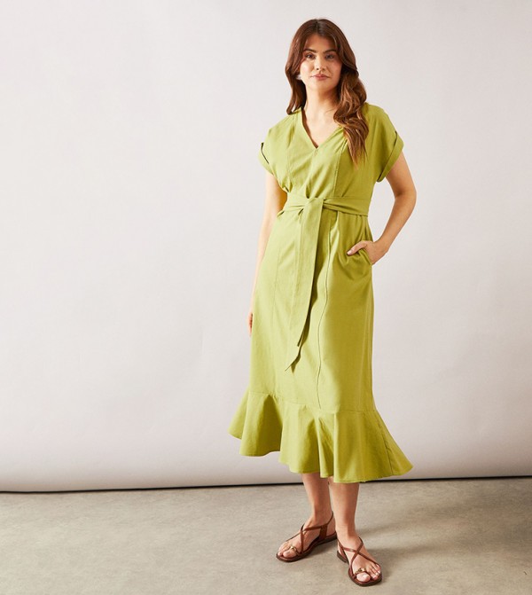 Linen Mix Belted Midi Dress