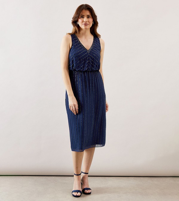 Embellished Sleeveless V-Neck Pencil Dress