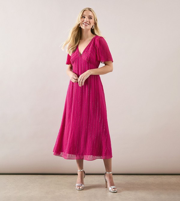 Petite Beaded Embellished V-Neck Midi Dress