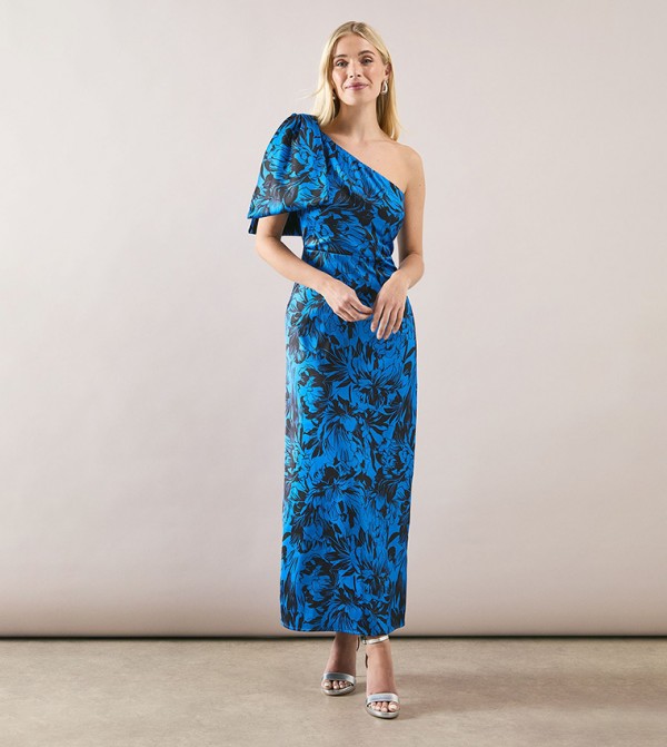 Printed Bow One Shoulder Maxi Dress