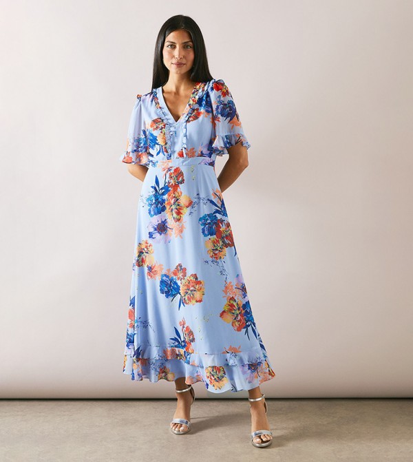 Printed Floral Print Ruffle Midaxi Dress