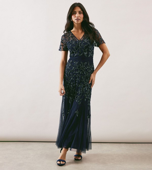 Embellished Short Sleeves Godet Detail Maxi Dress