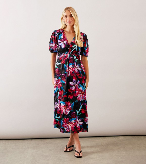 Petite Floral Print Button Through Midi Dress