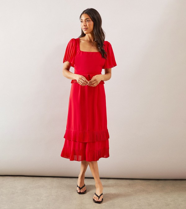 Pleat Tiered Belted Midi Dress