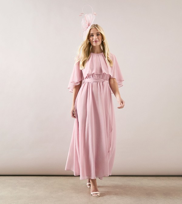 Petite Belted Cape Sleeves Maxi Dress