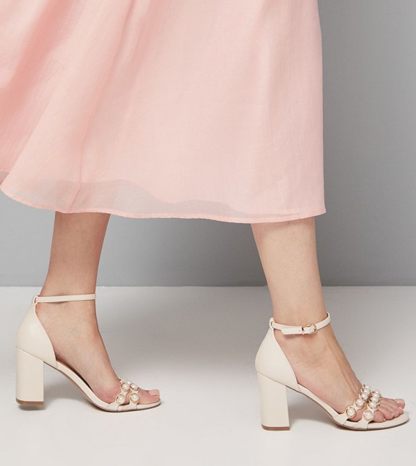 Damiana Faux Leather Pearl Detail High Block Heel Sandals