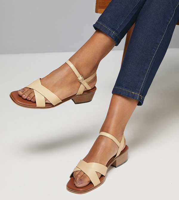 Devina Leather Cross Strap Block Heel Sandals