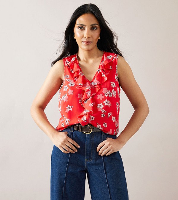 Petite Floral Sleeveless Ruffle Top