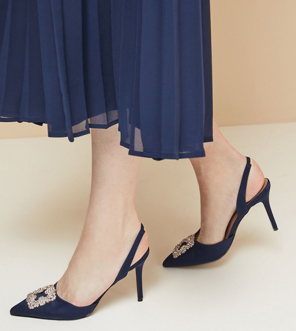 Deneen Satin Pearl Trim Slingback High Heel Pumps