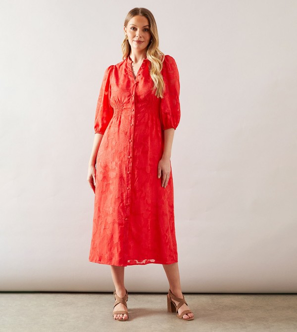 Floral Jacquard Button Midi Dress