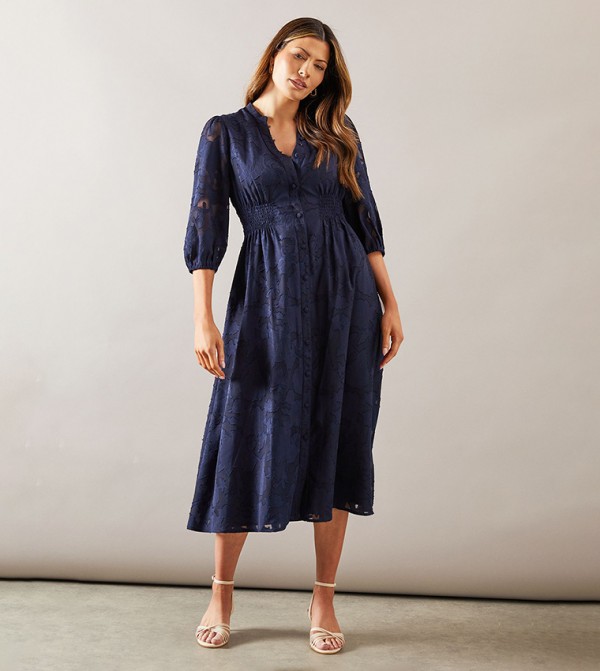 Floral Printed Jacquard Button Midi Dress