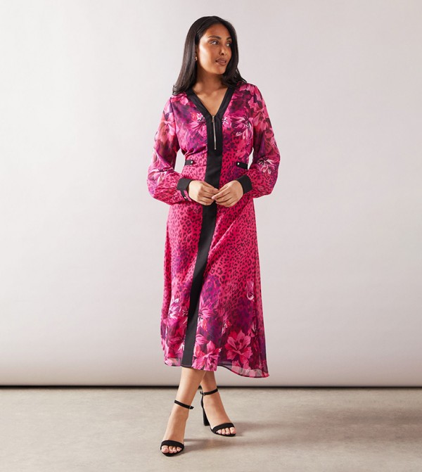 Petite Zip Front Floral Printed Border Midi Dress