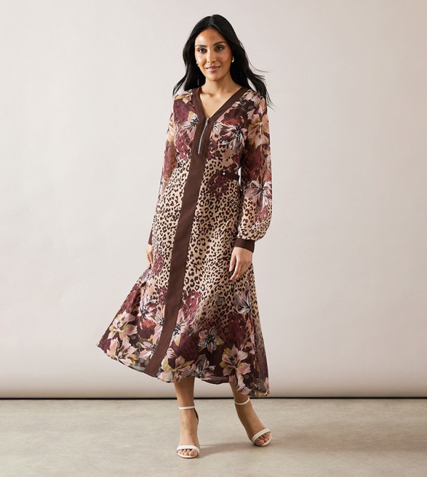 Petite Printed Zip Front Border Midi Dress
