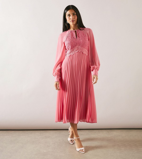 Lace Detail Pleated Midi Dress