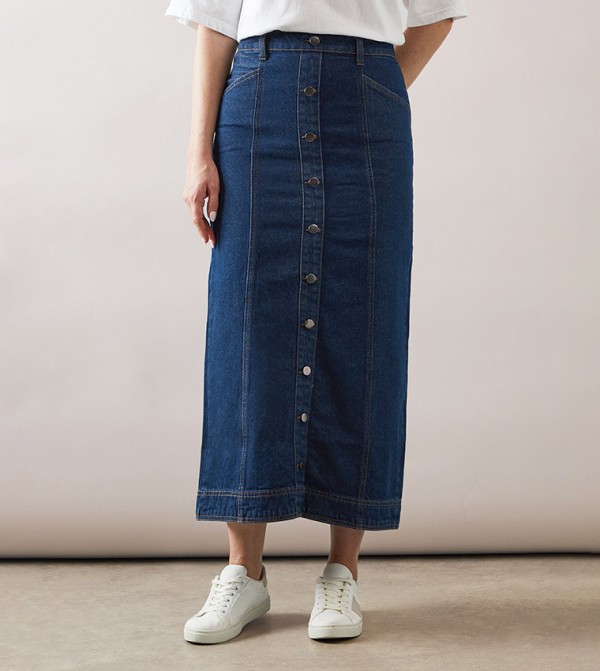 Button Through Midi Denim Skirt