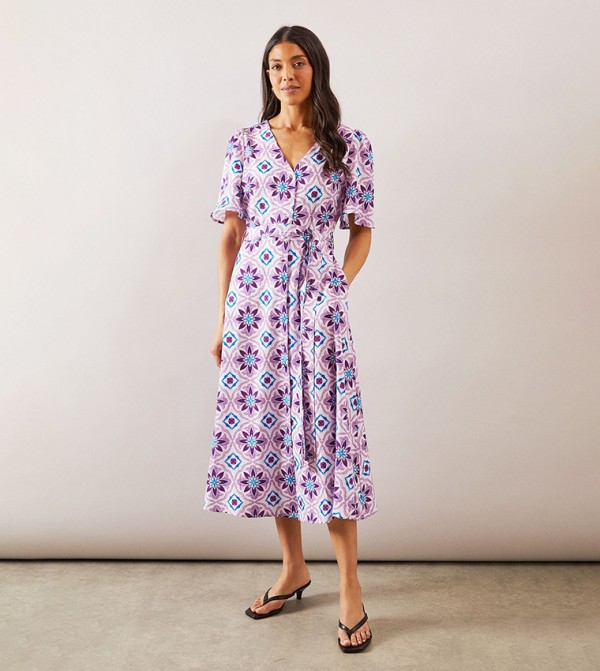 Printed Wrap Button Midi Dress