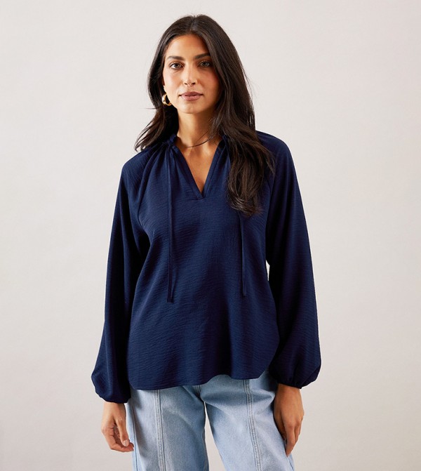 Solid Long Sleeves Tie Neck Top