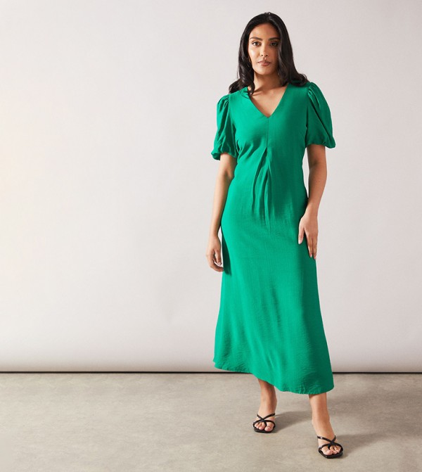 Petite Viscose Pleated Puff Sleeves Midaxi Dress