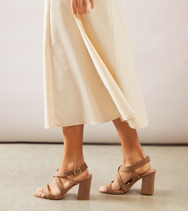 Amethyst Faux Suede Cross Strap Block Heel Sandals
