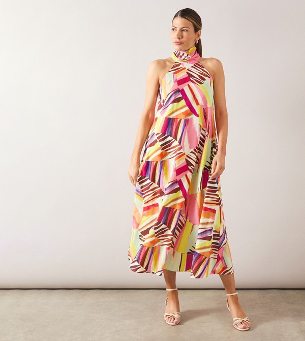 Petite Abstract Print Stripe Halterneck Midaxi Dress