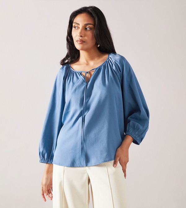 Petite Tie Neck Puff Sleeves Top