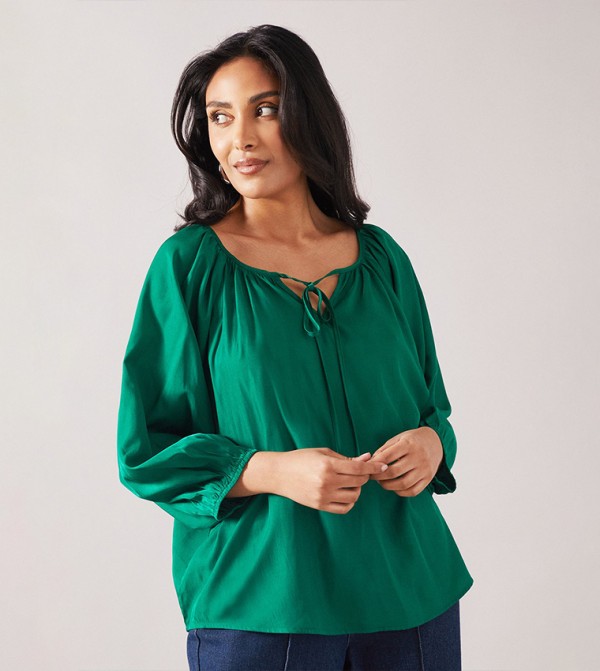 Petite Tie Neck Puff Sleeves Top