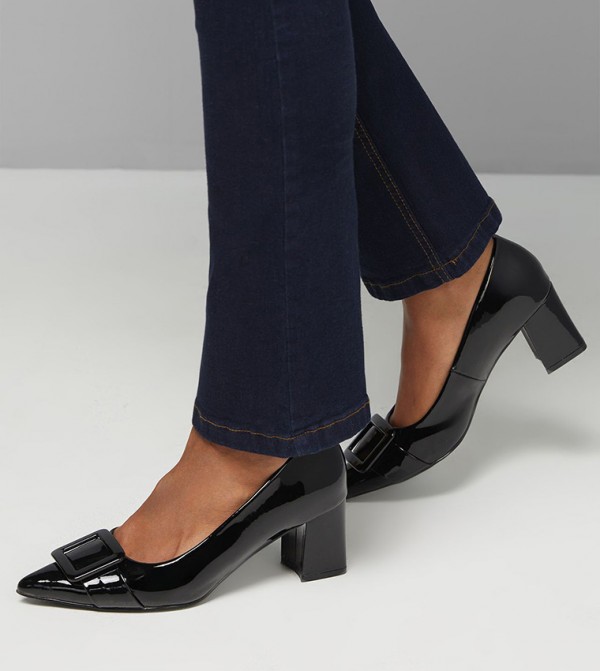 Danny Faux Patent Leather Buckle Block Heel Pumps