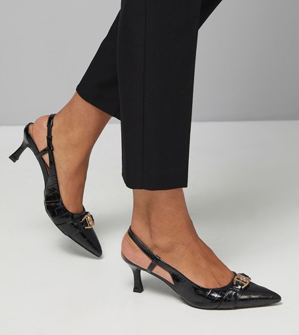 Dee Faux Patent Croc Leather Metal Trim Slingback Pumps