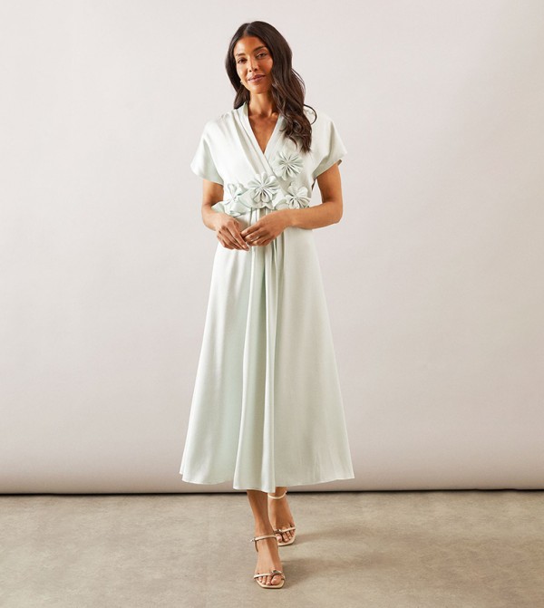 Crinkle Satin Flower Corsage Dress
