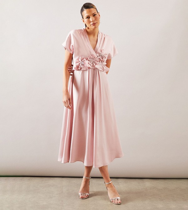 Crinkle Satin Flower Corsage Dress