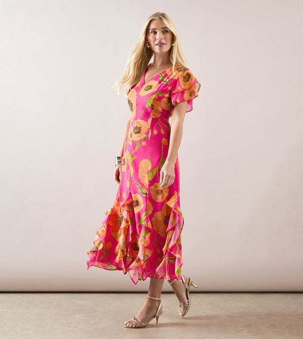 Petite Printed Ruffle Detail Midaxi Dress